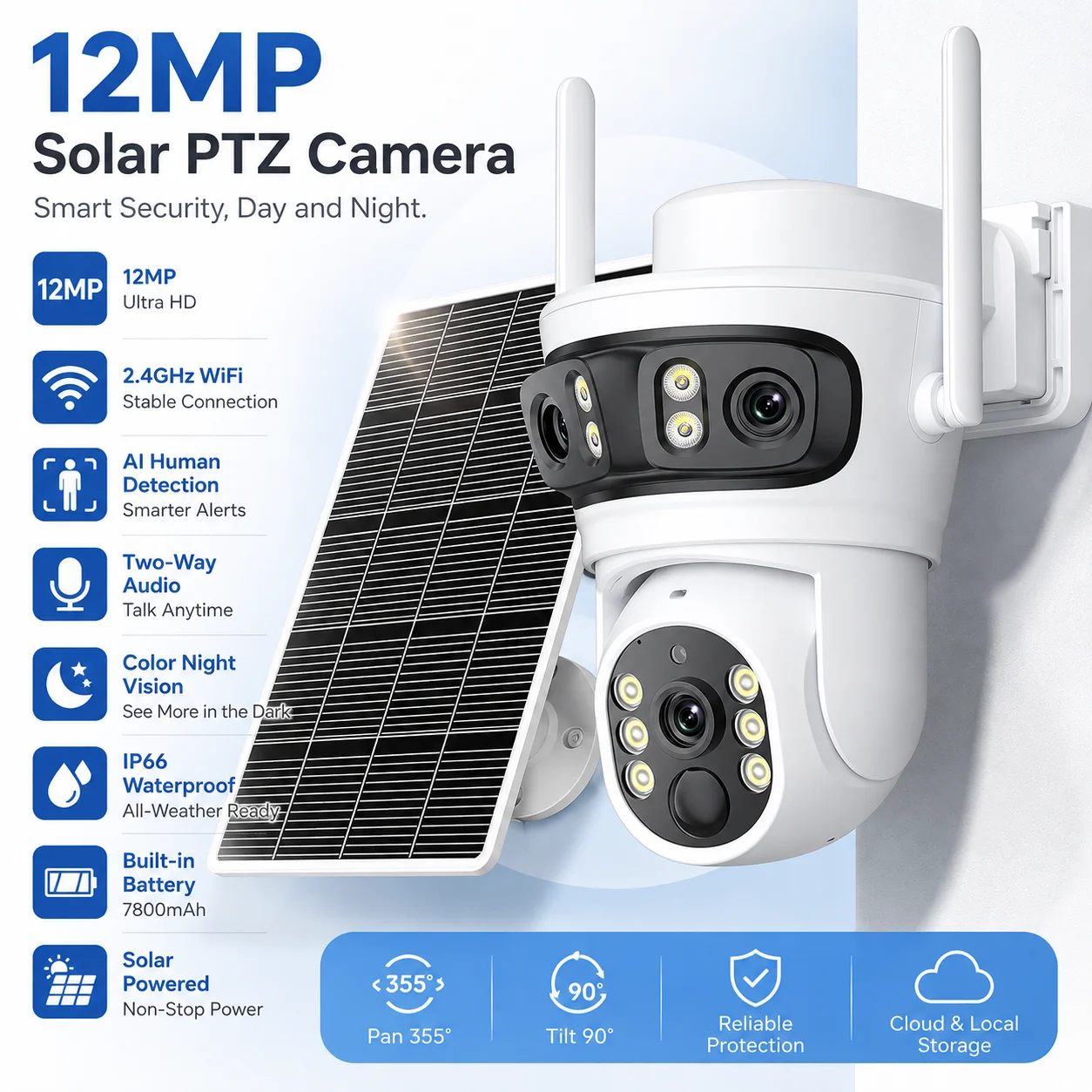 Solar 4G Camera 6K HD 12MP PTZ Outdoor Human Detection Three Screens Wireless Security IP Camera Built-in 9000mAh Battery iCSee