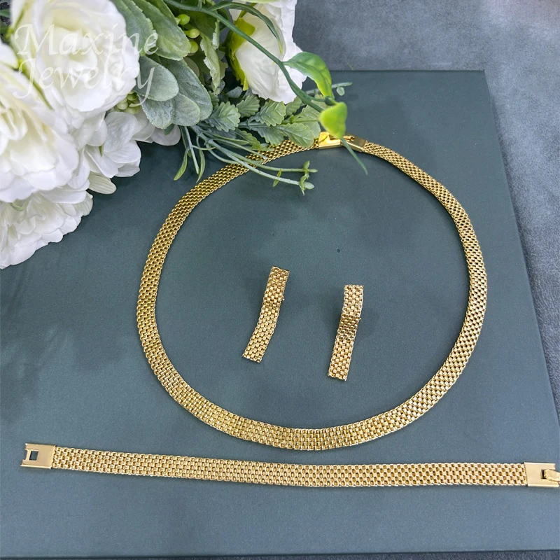 Italian Simple 18K Gold Plated Jewelry Set for Women Jewellery Set Bridal Wedding Necklace Earrings Bracelet African Party Gifts