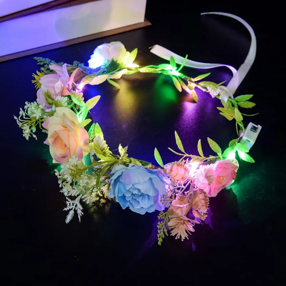 Simulation Rose Flower Flower Crown Hairband Glowing Luminous Wreath Headband Flora Hair Hoop LED Light Garland Wedding Party