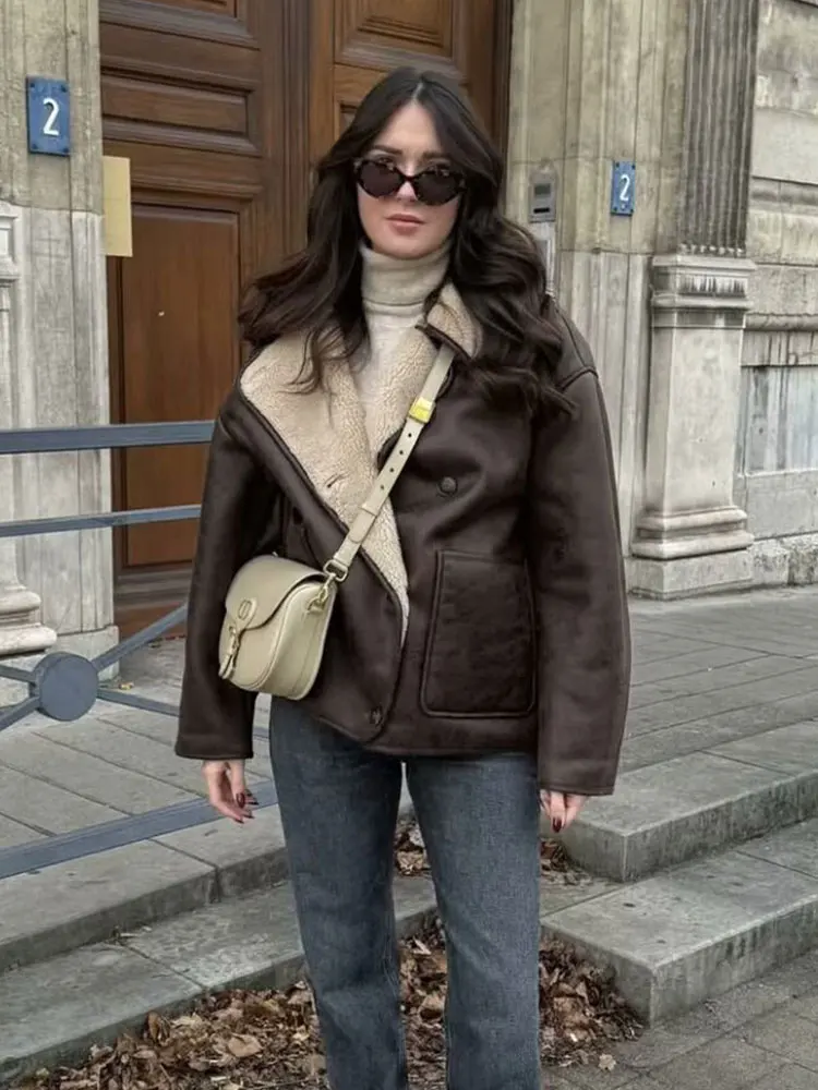 HH Women Casual Faux Leather Fleece Coats Vintage Solid Single Breasted Lapel Long Sleeve Jacket With Pockets Fashion Streetwear