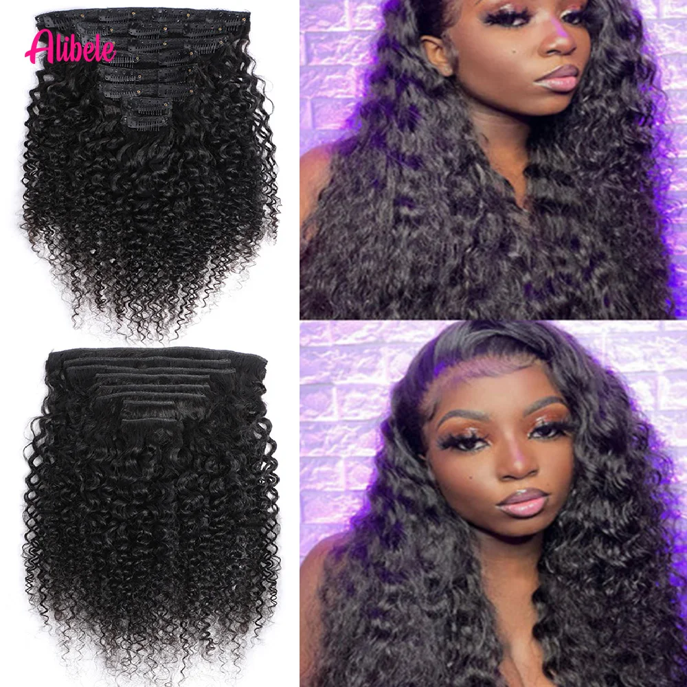 

Alibele 120G 8Pcs/Set For Women 100% Remy Human Hair Kinky Curly Clips In Human Hair Extensions Natural Color Full Head Peruvian