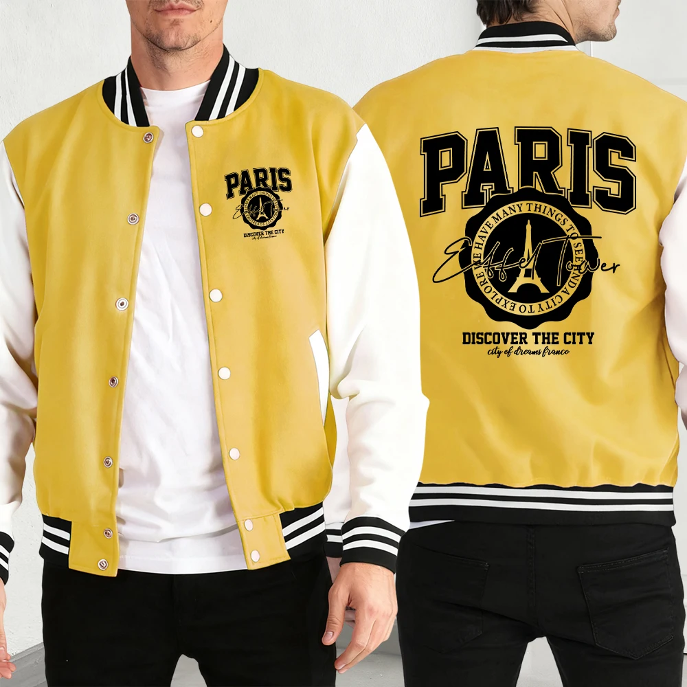 

Paris Eiffel Tower Print Man'S Vintage Button Jackets Street Soft Baseball Jersey Fashion Basics Clothes Casual Loose Coat