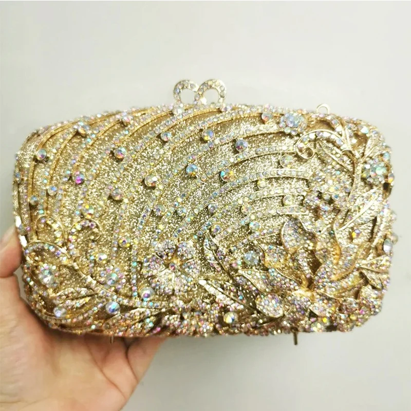 

WHTUOHENG Роскошный вечерний клатч с цветочным принтом и кристаллами, женский свадебный кошелек с бриллиантами, модная вечерняя сумка цвета шампанского/серебра, металлический цветок