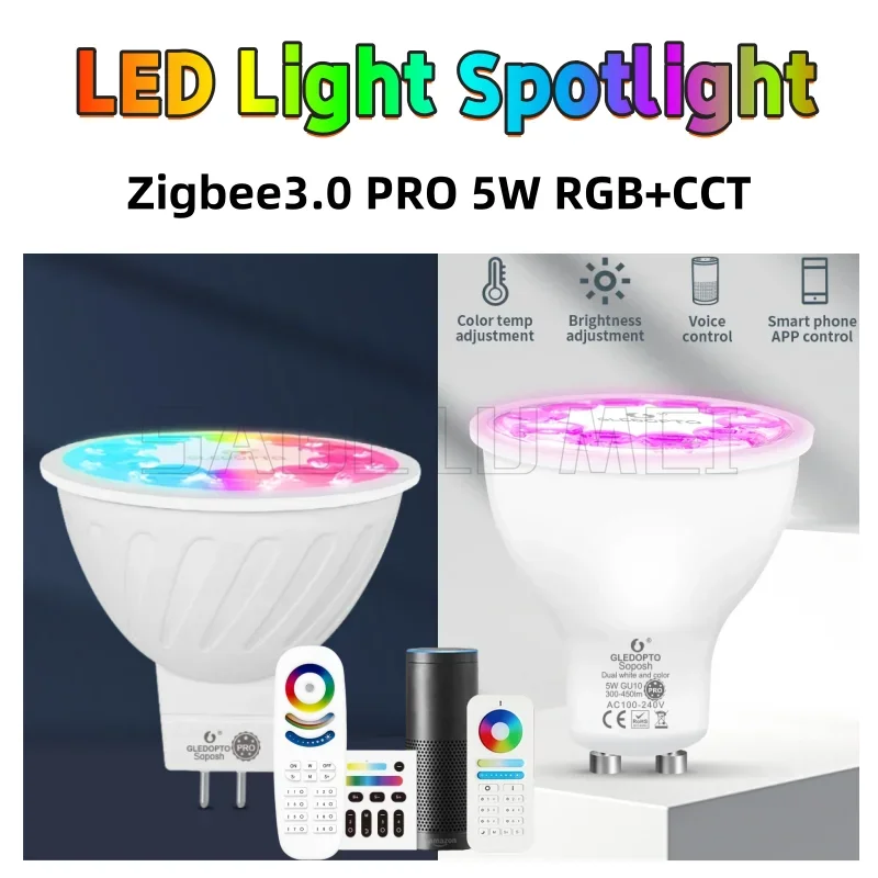 Gledopto LED Spotlight Zigbee 3.0 5W MR16 Pro LED Light RGB+CCT AC/DC12~24V Tuya Smart Life APP Alexa Conbee RF Remote GU10 pro