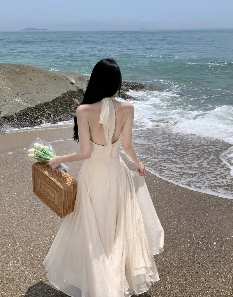 Summer Sleeveless Halter Long White Maxi Dress Elegant Tight Waist V-neck Beach  Dress Robes Evening Dresses Wedding Prom - AliExpress 200000345