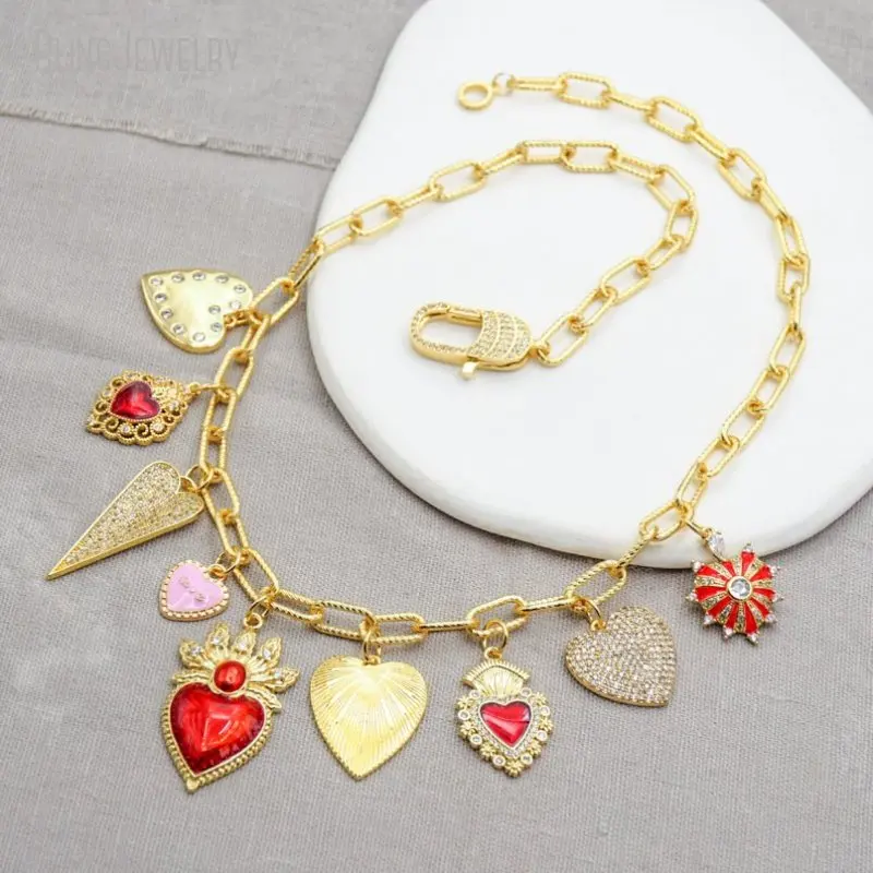 5pcs k Gold Color CZ Red Lip Sacred Milagro Catholic Heart Love Charm Necklace Women Layer Jewelry