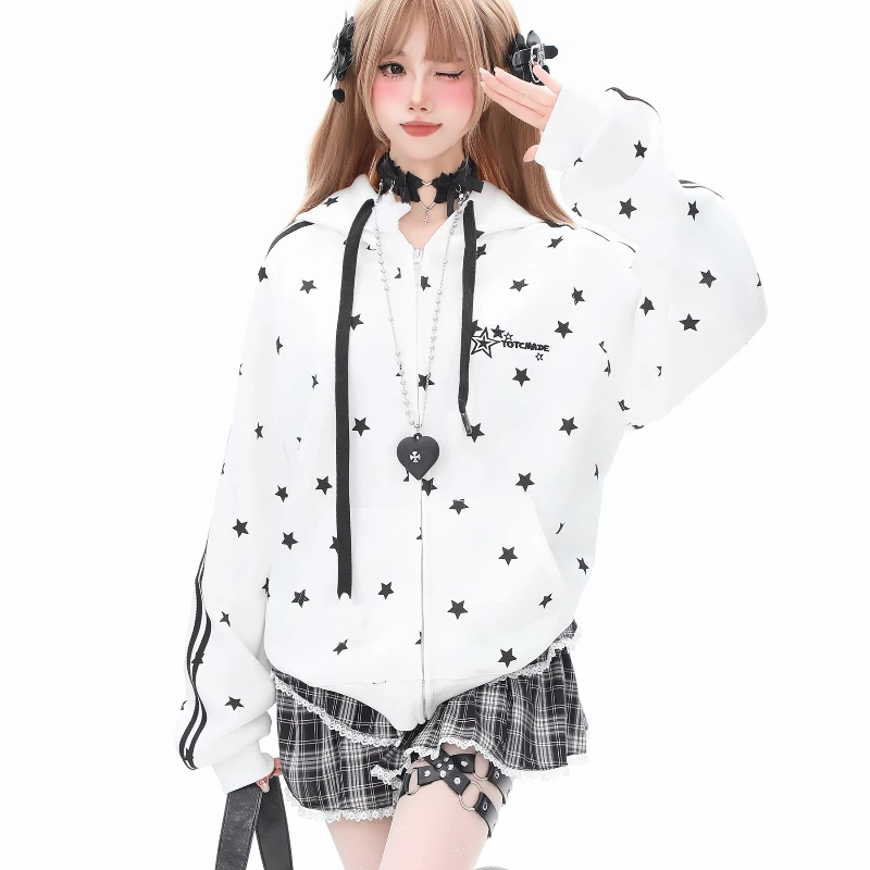 American Retro Star Full Print Striped Raglan Hooded Sweatshirt Women 2025 Spring Autumn Loose Slimming Versatile Coat Ladies