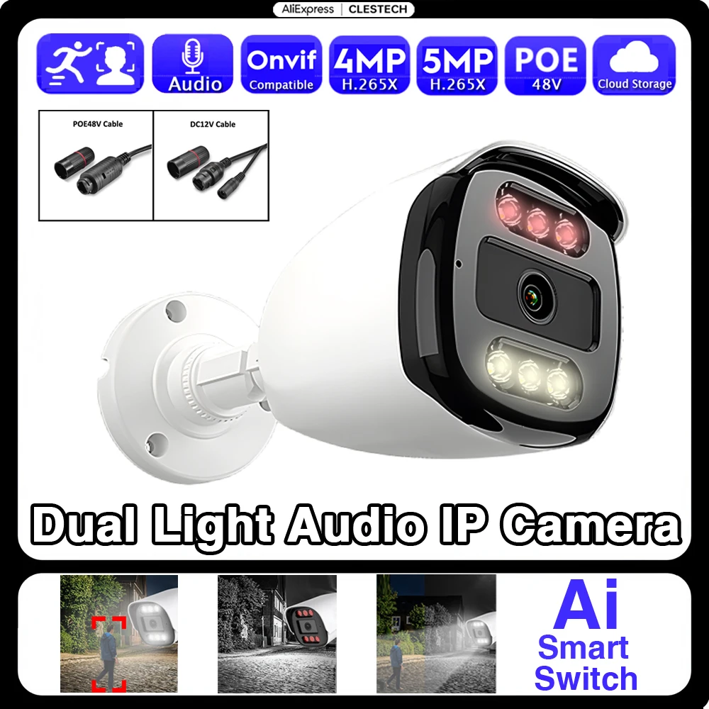 6LED Outdoor Waterproof AI IP Camera POE 5MP 4MP Full Color Infrared Dual Light Audio Mic RTSP Xmeye Advanced Video Surveillance