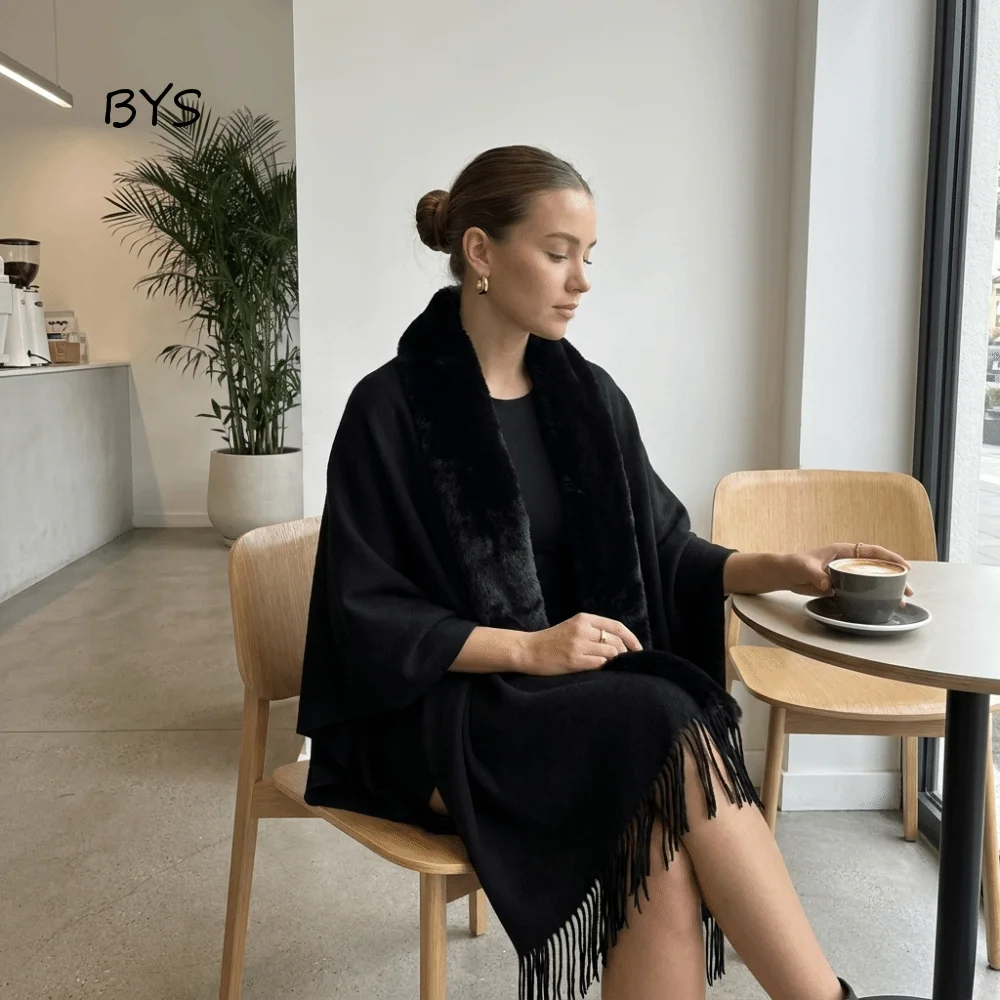 Minimalist Oversized Faux Fur Collar Shawl Soft Tassel Oversized Warm Cape Warm Lining Polyester Wrap Poncho Party