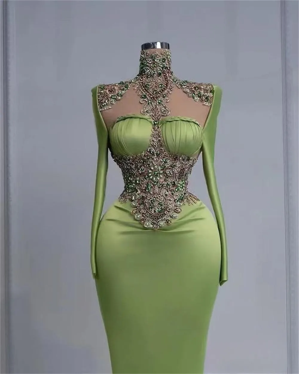 Women's Long Sleeve High Neck Sheer Neck Beaded Green Evening Dress Wedding Ceremony Party Dress Formal Occasion Robe 2023