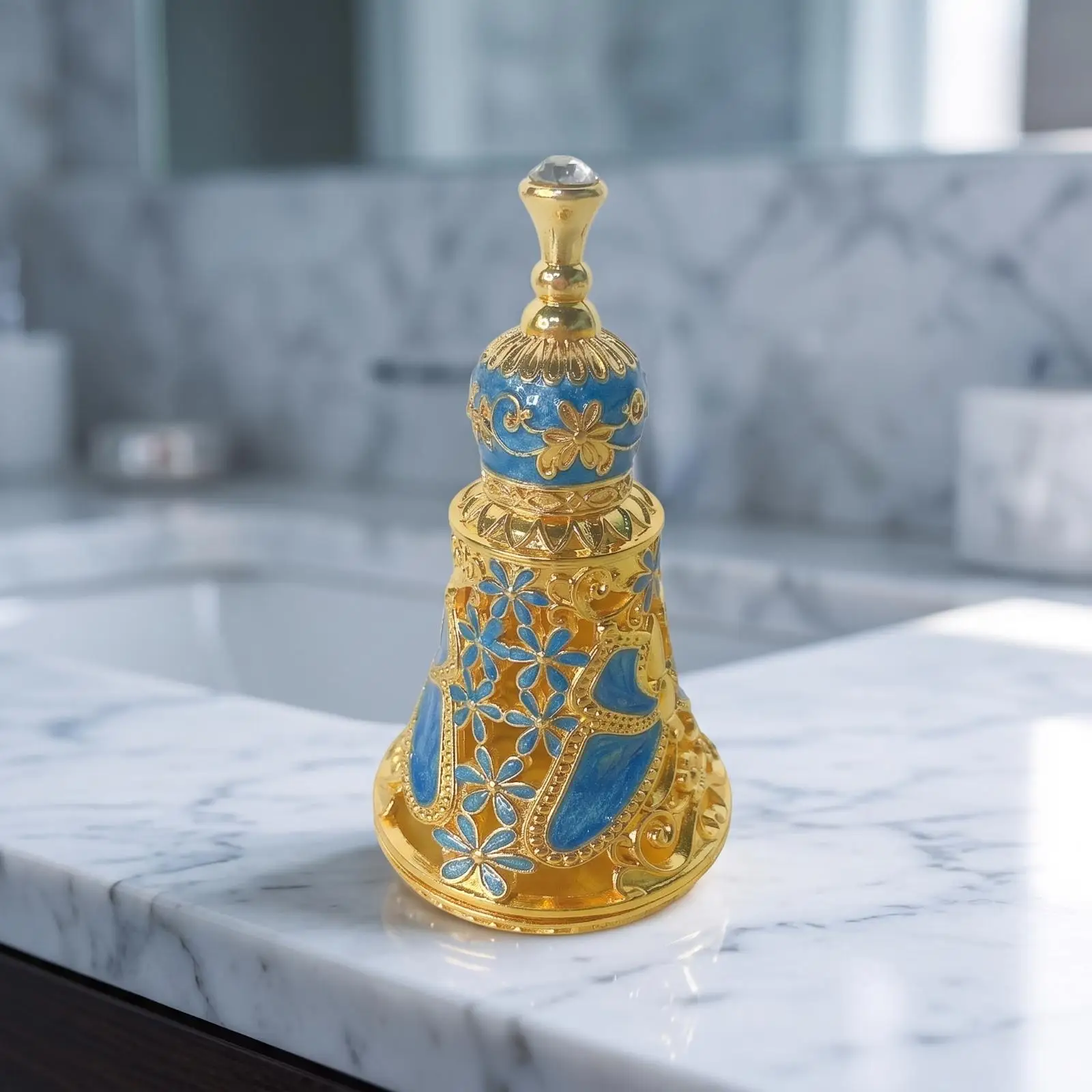 Metal Perfume Bottle with Stopper | Embossed Floral Detailing, Elegant, Filigree Fragrance Bottle, for Vanity Decor