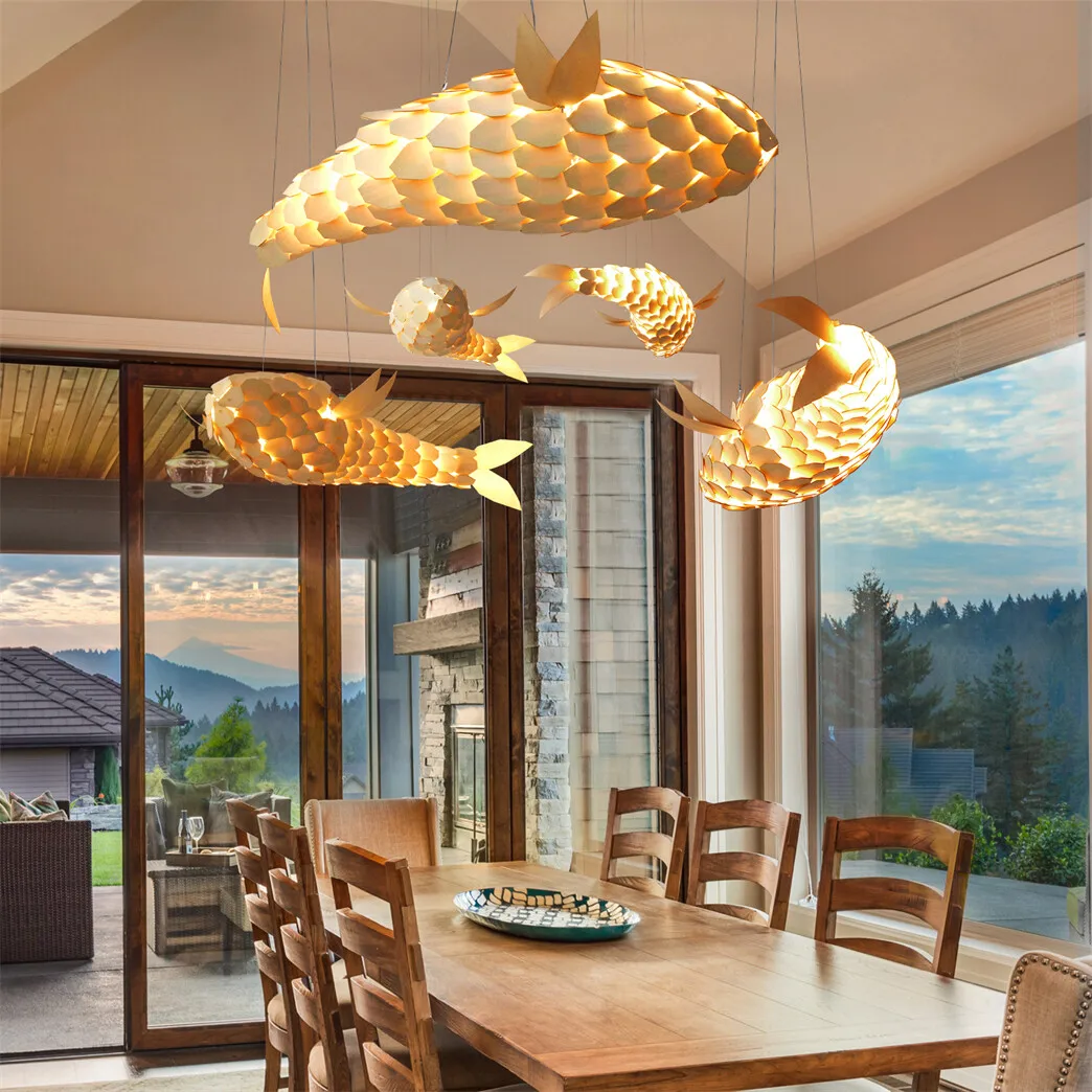 1Pcs Fish-Shaped Wooden Ceiling Pendant Light Chandelier Lamp Hanging Fixtures Loft Art Deco