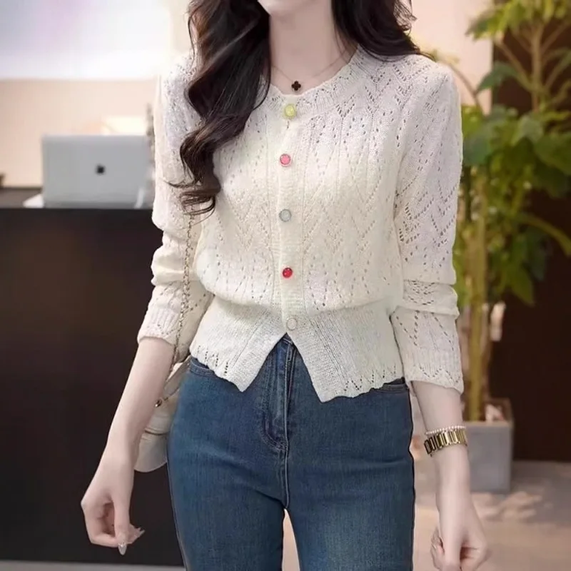 2026 Hot Selling New Thin Cut Hollowed Out Round Neck Color Single Breasted Versatile Top for Women