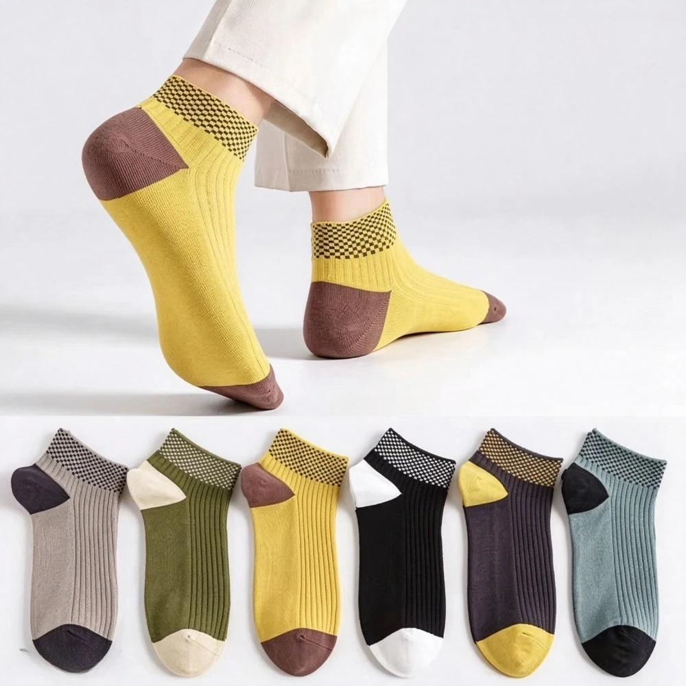 Men Spring Autumn Ankle Socks Plaid Dot Pattern Versatile Sports Socks Sweat Absorbent Breathable Men Short Socks