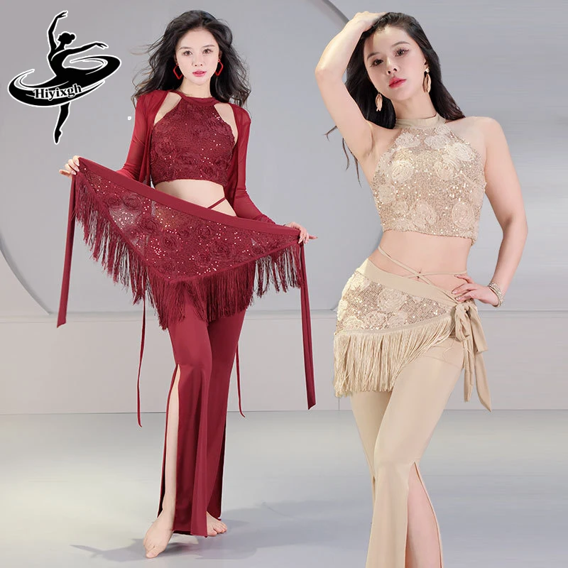 

Женский костюм для восточных танцев: топ-халтер, длинные брюки, набор для тренировок по танцу живота, с блестящими пайетками и цветочным узором, пояс-платок на бедра