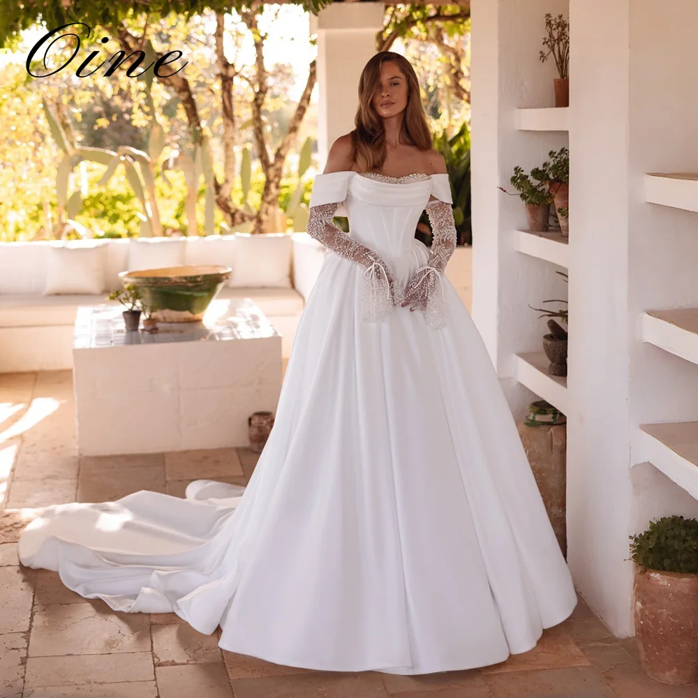 Oine Vintage White Silk Satin A-Line Wedding Dresses Off the Shoulder Full Lace Flare Sleeves Bridals Gowns Back Bow Customized