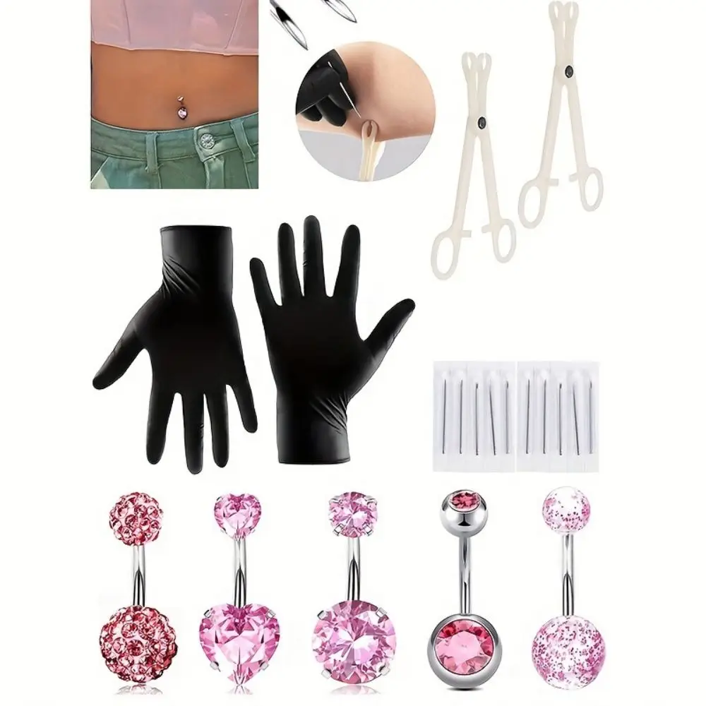 19pcs Pink Belly Button Ring Set with Heart Design Stainless Steel Cubic Zircon Includes Piercing Needle Tool Kit