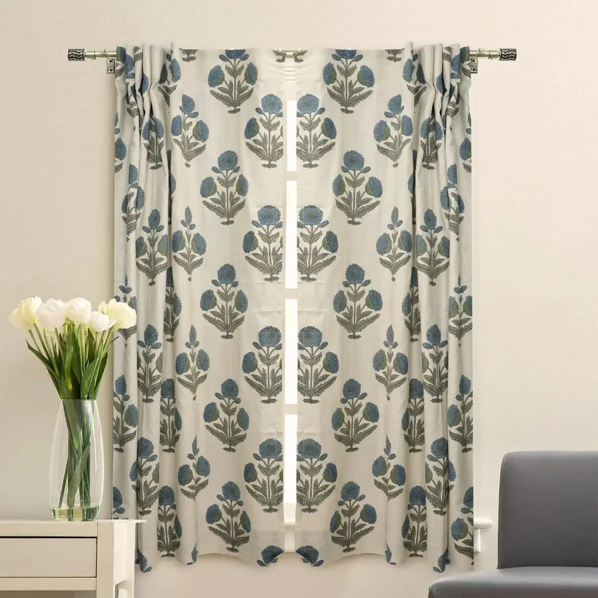 Handmade Block Floral Printed Viscose Colored Linen Drape 34 Width x 45 Length Ring or Hook Curtain Idel for Home Décor
