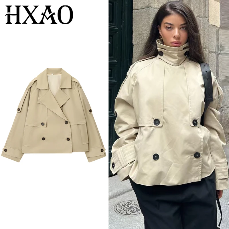 

HXAO Oversized Crop Jacket Women's Jacket Khaki Waterproof Trench Coat Elegant Plus Size Long Sleeve Outerwears Chic Windbreaker
