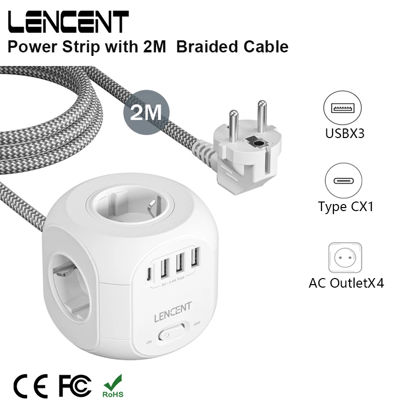 LENCENT 멀티탭 멀티 소켓 익스텐더, 홈 오피스용 스위치, AC 콘센트 4 개, USB 포트 3 개, 1 타입 C, 2M 편조 케이블