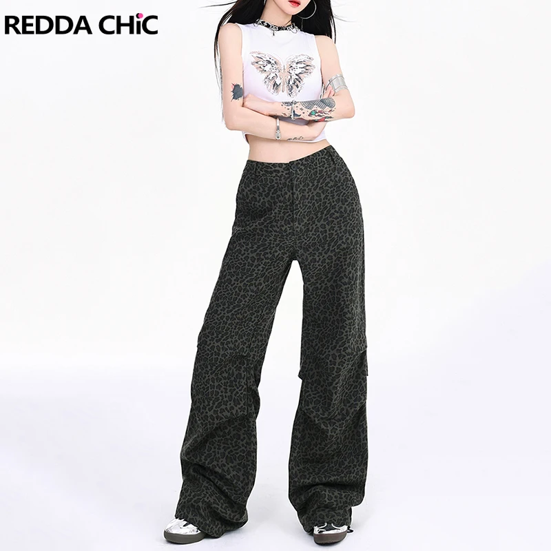 ReddaChic Women Leopard Print Pleated Casual Pants Harajuku High Rise Wide Leg Drawstring Parachute Pants Vintage Y2k Streetwear