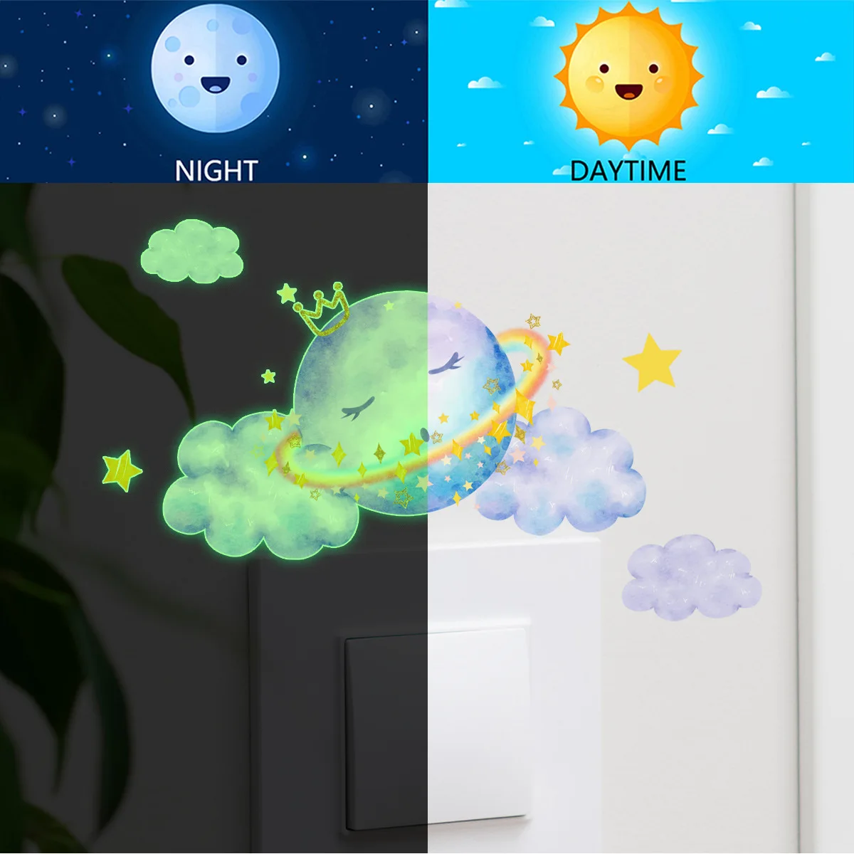 10*15cm Clouds Cartoon Planet Wall Stickers Creative Kawaii Luminous Switch Stickers Bedroom Room Decoration Wall Stickers