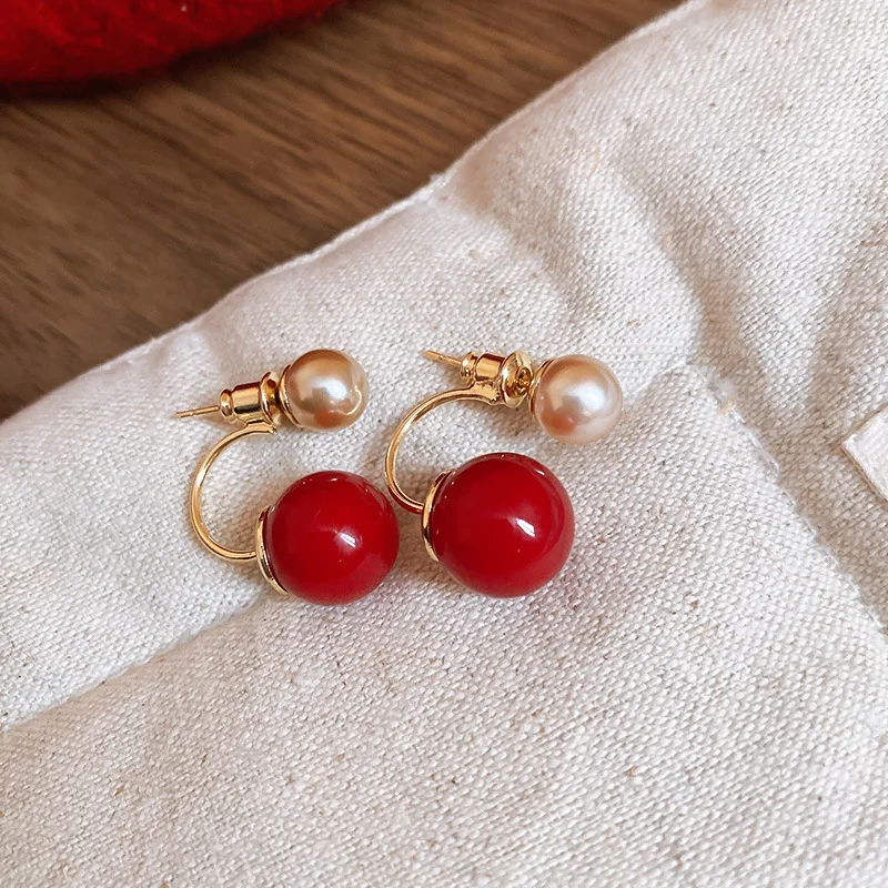 New South Korea Red Pearl Earrings Fashion Temperament Simple Earrings Women's Jewelry