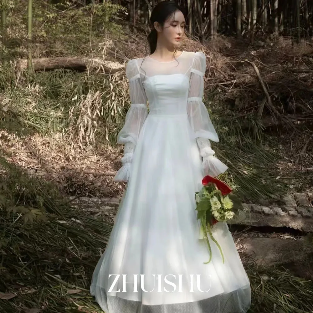 ZHUISHU elegante vestido de novia con mangas abullonadas y cuello redondo, vestidos de noche de tul marfil, sesión de fotos de Corea, vestido de novia personalizado