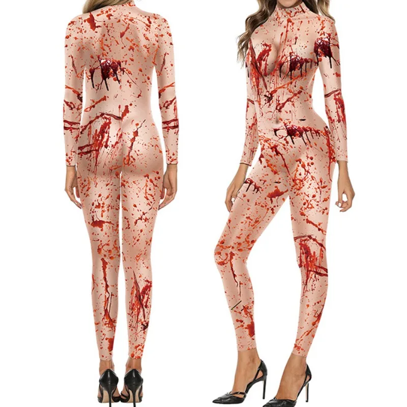 Disfraz de Halloween terrorífico para mujer, traje de Cosplay con estampado de Zombie, teñido de sangre, Catsuit Zentai, disfraz de actuación para fiesta