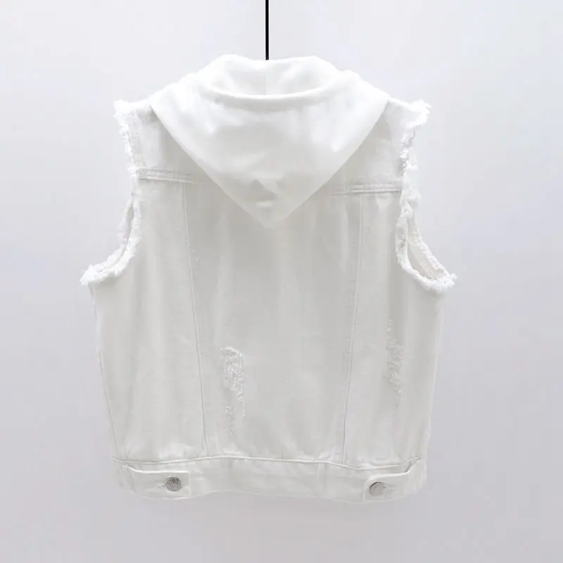 Fashion White Frayed Pocket Denim Vest Women Slim Short Cowboy Waistcoat Detachable Hooded Casual Sleeveless Jeans Vests Female