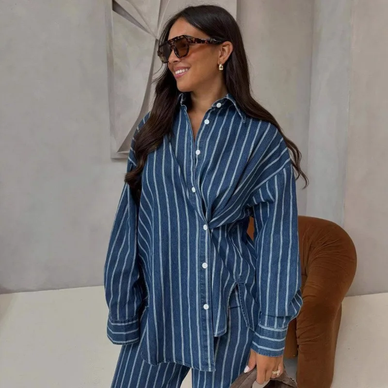 2 Piece Set Blouse Long Sleeve Striped Washed Shirt Summer Turn Collar Casual Top Wide Leg Pants Blue And White Button Down