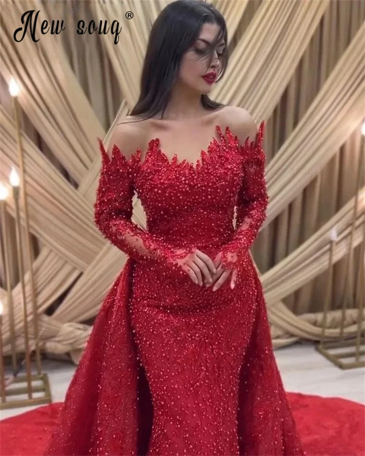 Vestidos de fiesta de boda de encaje con cuentas de tren desmontable para mujer, vestido Formal de Dubai, Borgoña, talla grande