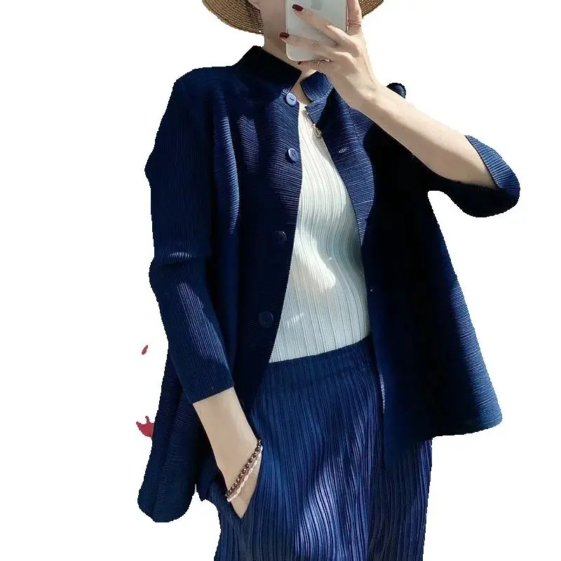 Miyake Clothes Pleated Small Coat Women's Spring and Summer new Temperament Loose Collar Solid Color Wild Loose Cardigan top