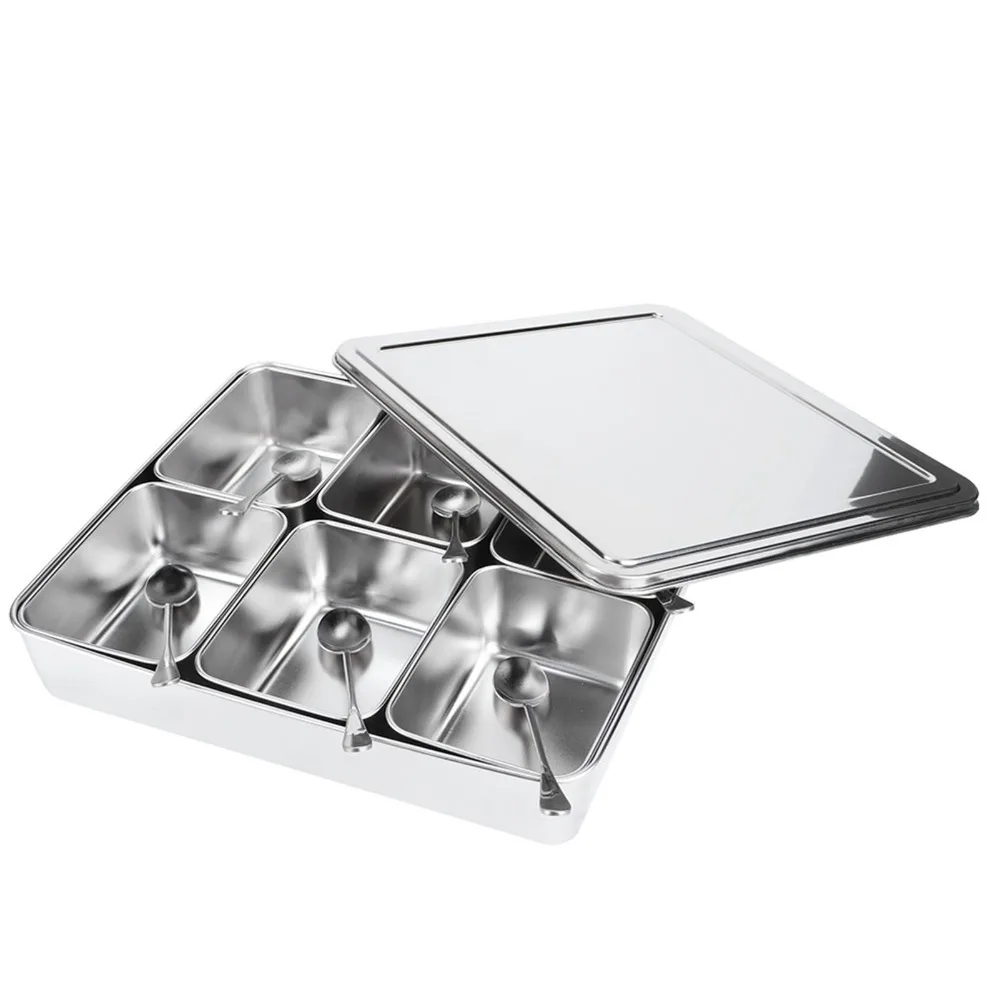 6 Grid Compartments Masala Dabba Spice Container Stainless Steel With Lid And Holder Tray Spice Jar Organizer Set With Spoons