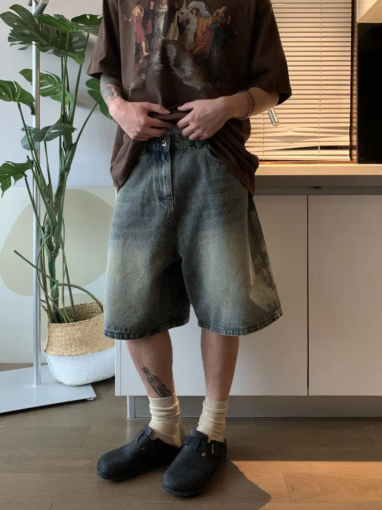 American Retro Washed Loose Men's Jeans Shorts Street Style Casual Straight Leg Wide Leg Five-Point Pants