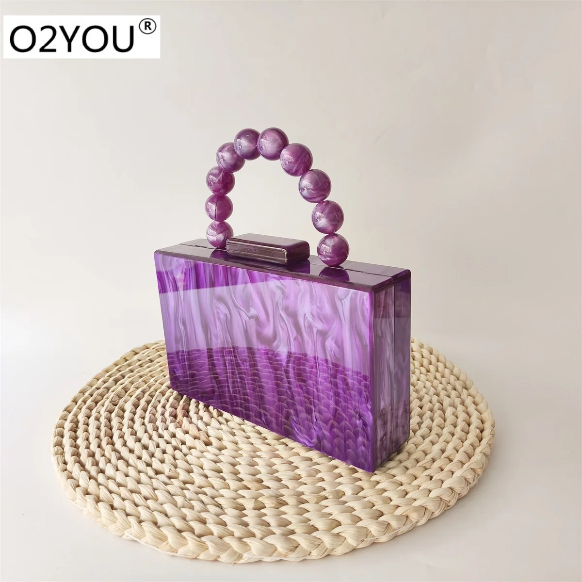 Purple Beaded Handle On Top Acrylic Box Clutches Shoulder Bag Women\'s New Female Cross Body Bags Phone Evening  Mini Party Bags