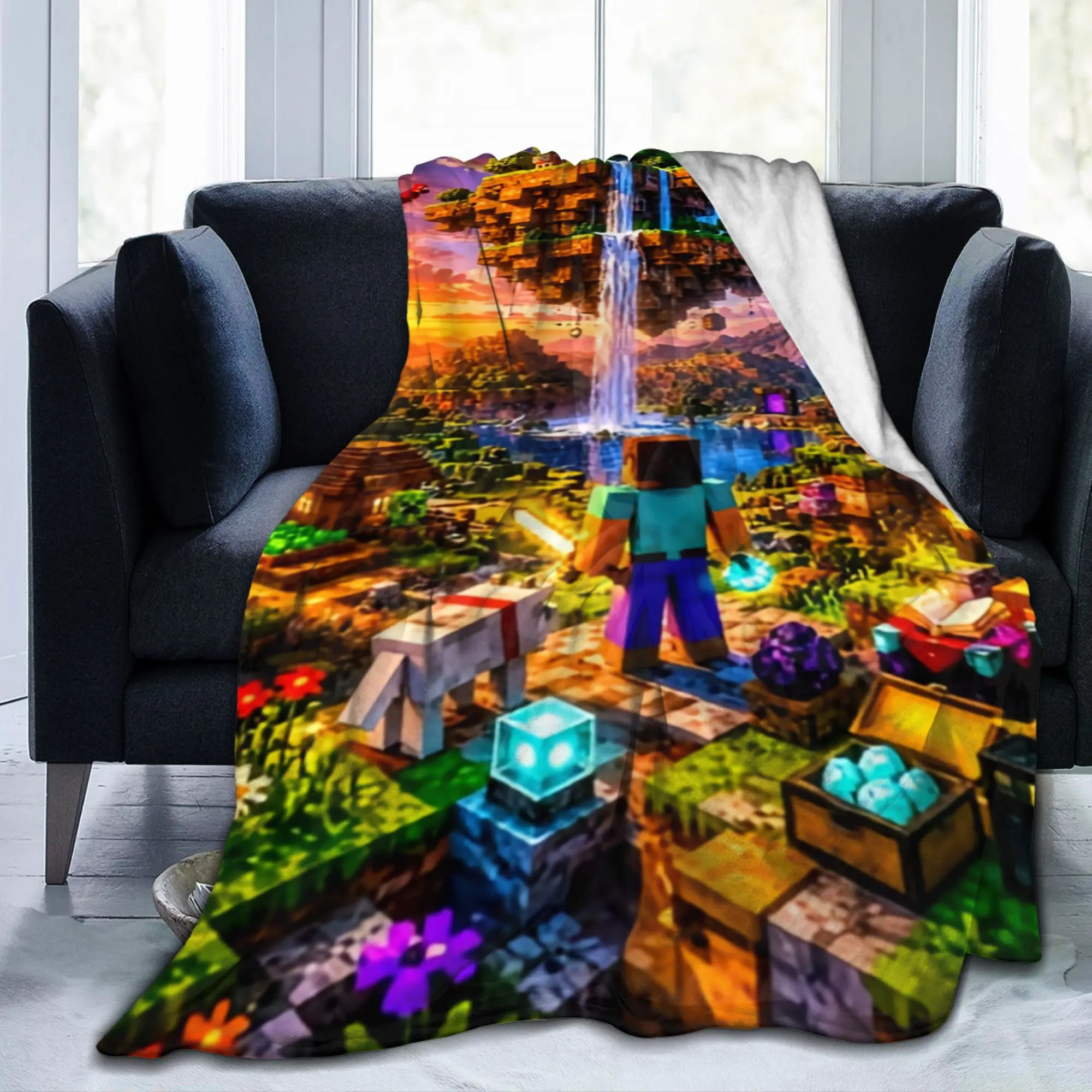 M-Minecrafts Sunset Scenery Flannel Blanket  Super Soft Throw Blanket for Couch Bed Camping Fluffy Bedspread Sofa Bed Cover