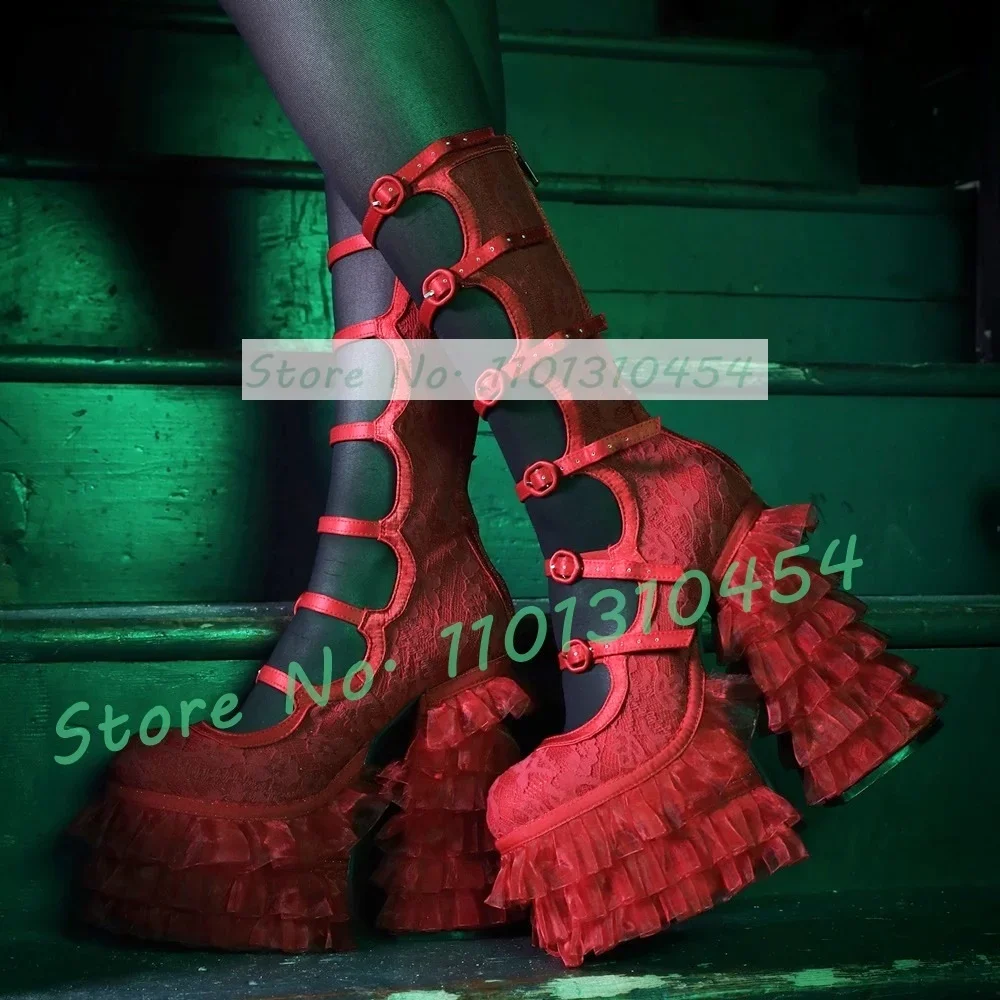 Botas hasta la rodilla con plataforma de encaje rojo para mujer, hebilla de cinturón, punta redonda, volantes de tul, botas Lolita, zapatos largos gruesos Punk sólidos para niñas