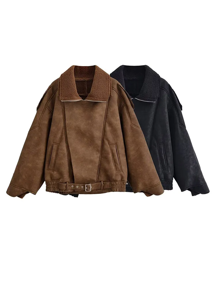 

HH Women's Winter New Commuting Loose Fur One-Piece Lapel Jacket Female Fashion Temperament Warm Long-Sleeved Motorcycle Jacket