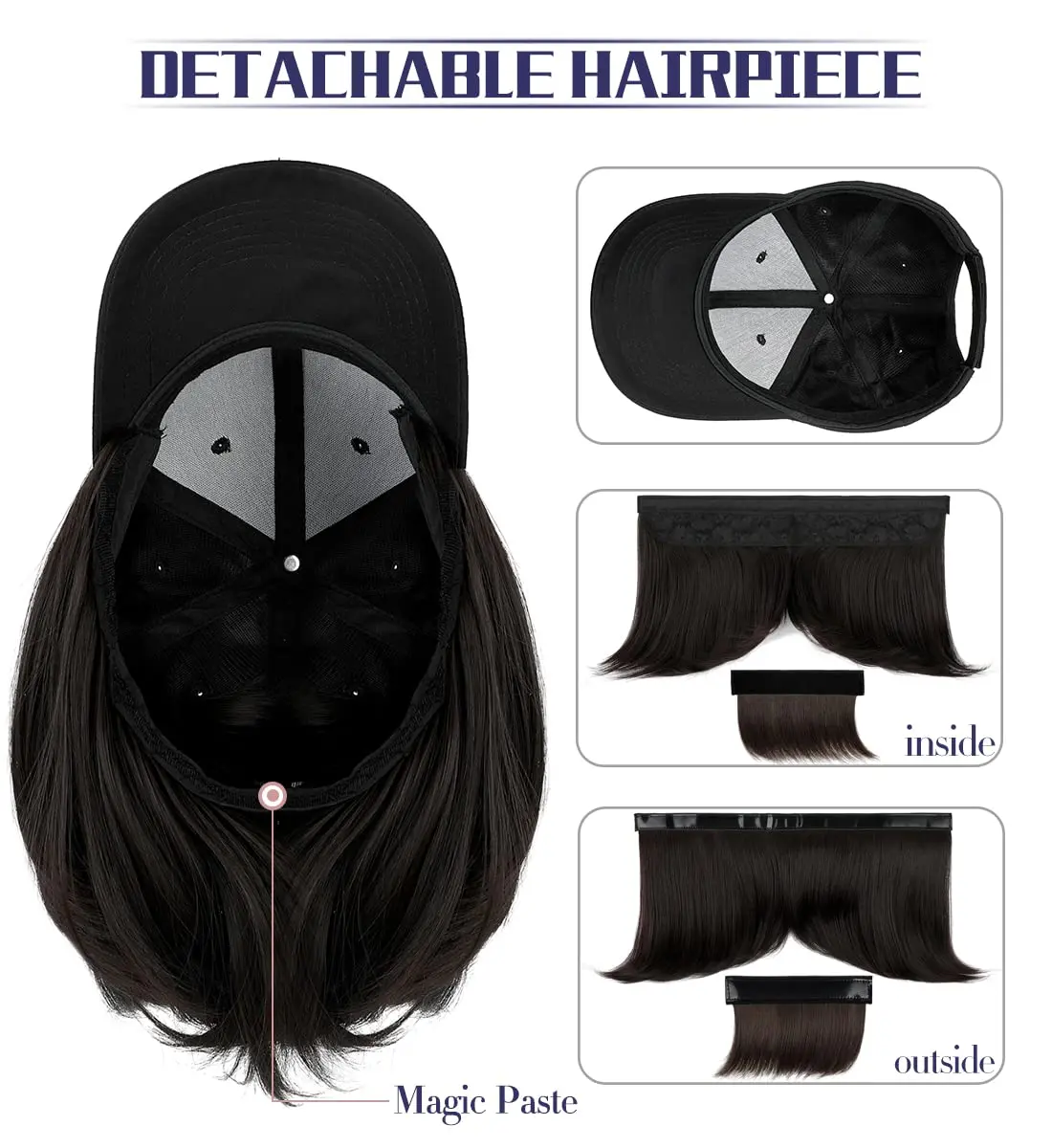 قبعة LUPU للنساء، قبعة بيسبول مع وصلات شعر صناعية قصيرة مستقيمة مرفقة للنساء