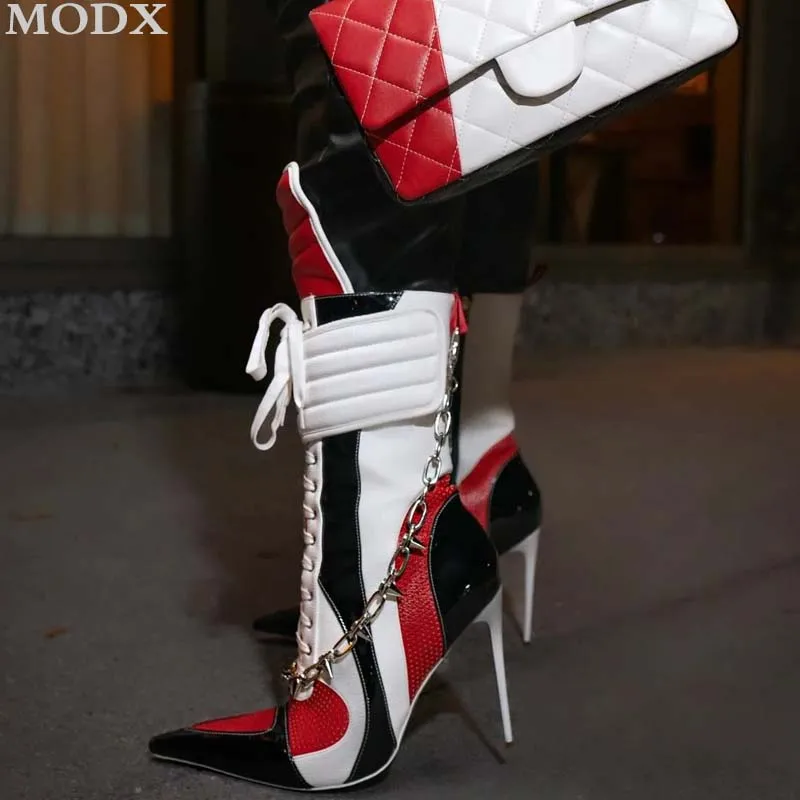 Patchwork Motocross Protective Boots Fashion Mixed Color Sexy Buckle Lace Up Zipper Mid Calf Boots Women Vintage Trend Shoes