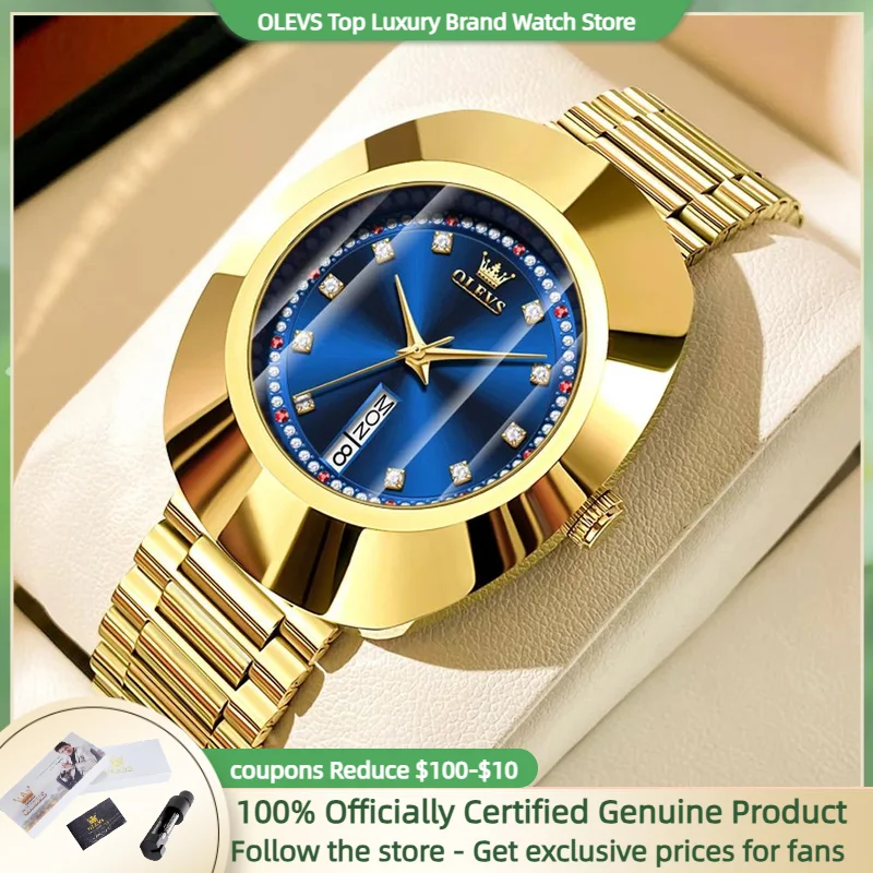 OLEVS Top Brand Women‘s Watches Luxury Gold Blue Original Big Dial Female Wristwatch Wateproof Sungsten Steel Luminous Week Date