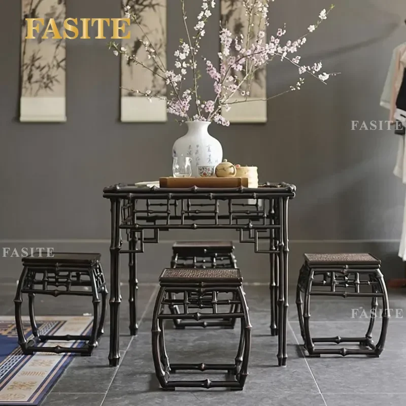 For Ming Qing Classical Original Bamboo Square Table Set Eight Immortals Tea Dining Table with Four Stools Natural Durable