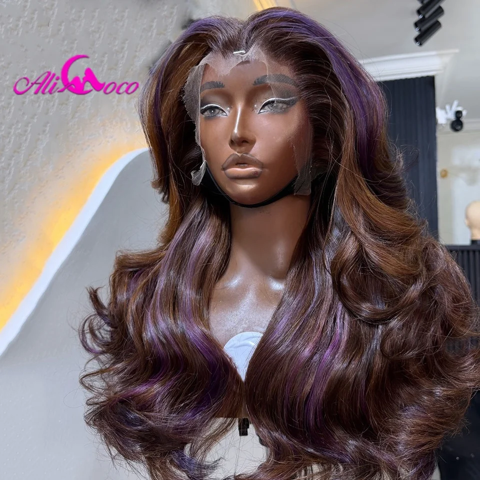 Highlight Brown Purple with Orange Mix Dyed Drawstring Wig 200 Density 13X4 Hd Lace Front Human Hair Wig For Women Body Wave