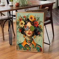 Nordic Boho Fashion Glasses Woman With Flowers Wall Art Canvas Painting Butterfly With Girl Portrait Poster Prints Mural Picture