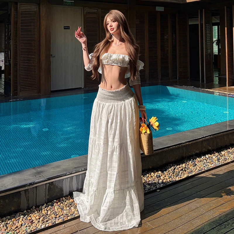 

Белый комплект Dr Super Fairy Aosphere Pure Desire New 2026: летний комплект из двух предметов Ele Ciwalk с длинной юбкой из полиэфирного волокна