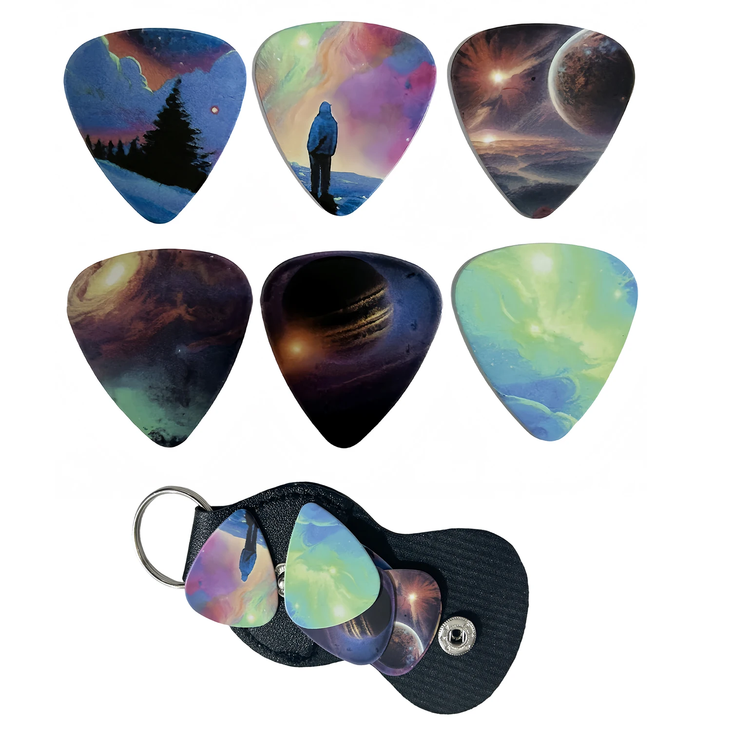 6 Pcs Original Sound Guitar Picks, Double-Sided Printed Ukulele Guitar Finger Shrapnel, Keychain Holster, Gift For Music Lovers