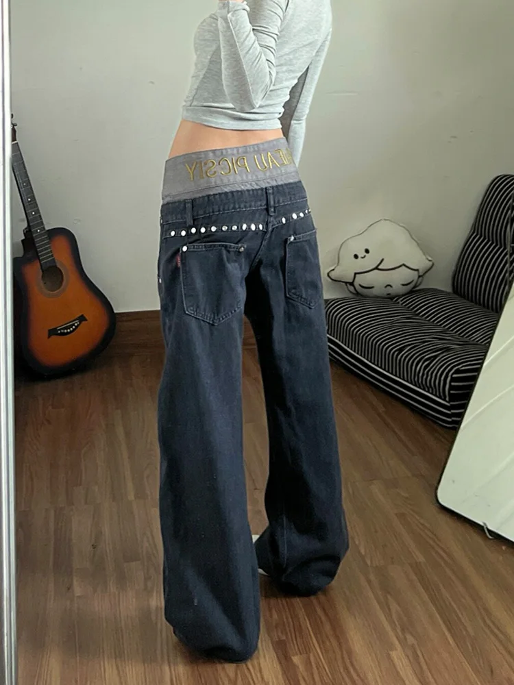 

Американские джинсы в стиле High Street с золотистой надписью, женские, летние, новый стиль, для дерзких девушек, с двойным поясом, пэчворк, длина в пол.