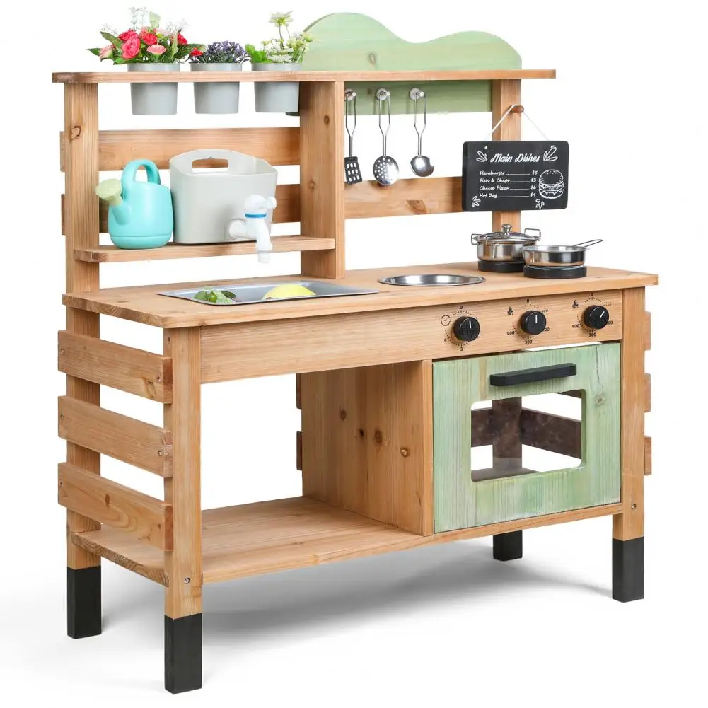 Cucina di fango, set da cucina per giochi di finzione in legno per esterni con stufe, lavello rimovibile, rubinetto, lavagna, accessori da cucina