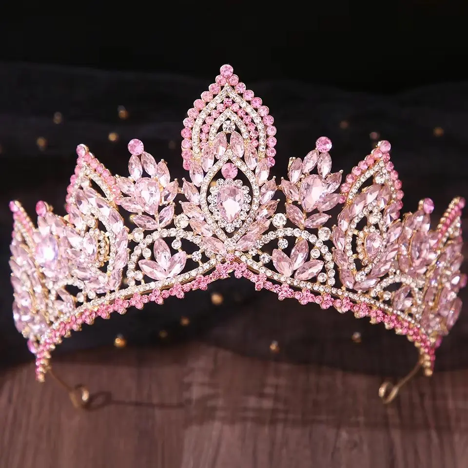 DIEZI Fashion Girls Luxury Pink Crystal Tiara For Women Wedding Party Elegant Bridal Bride Rhinestone Crown Hair Accessories